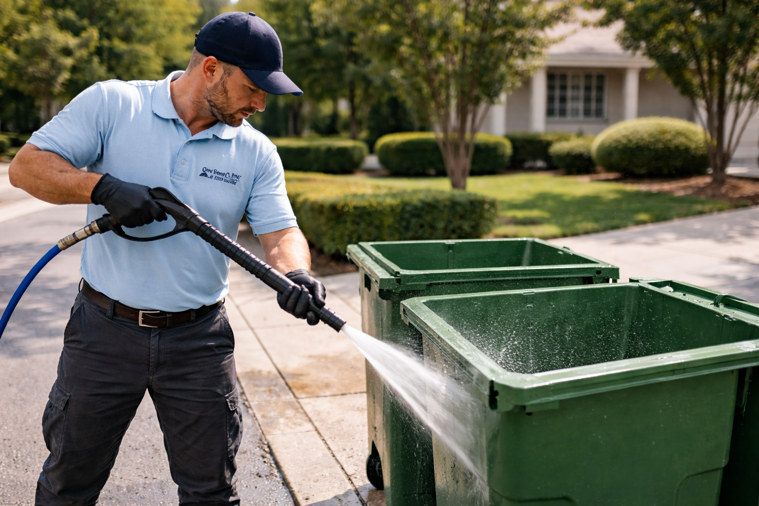 Trash bin cleaning and sanitizing service removing dirt and bacteria from residential bins