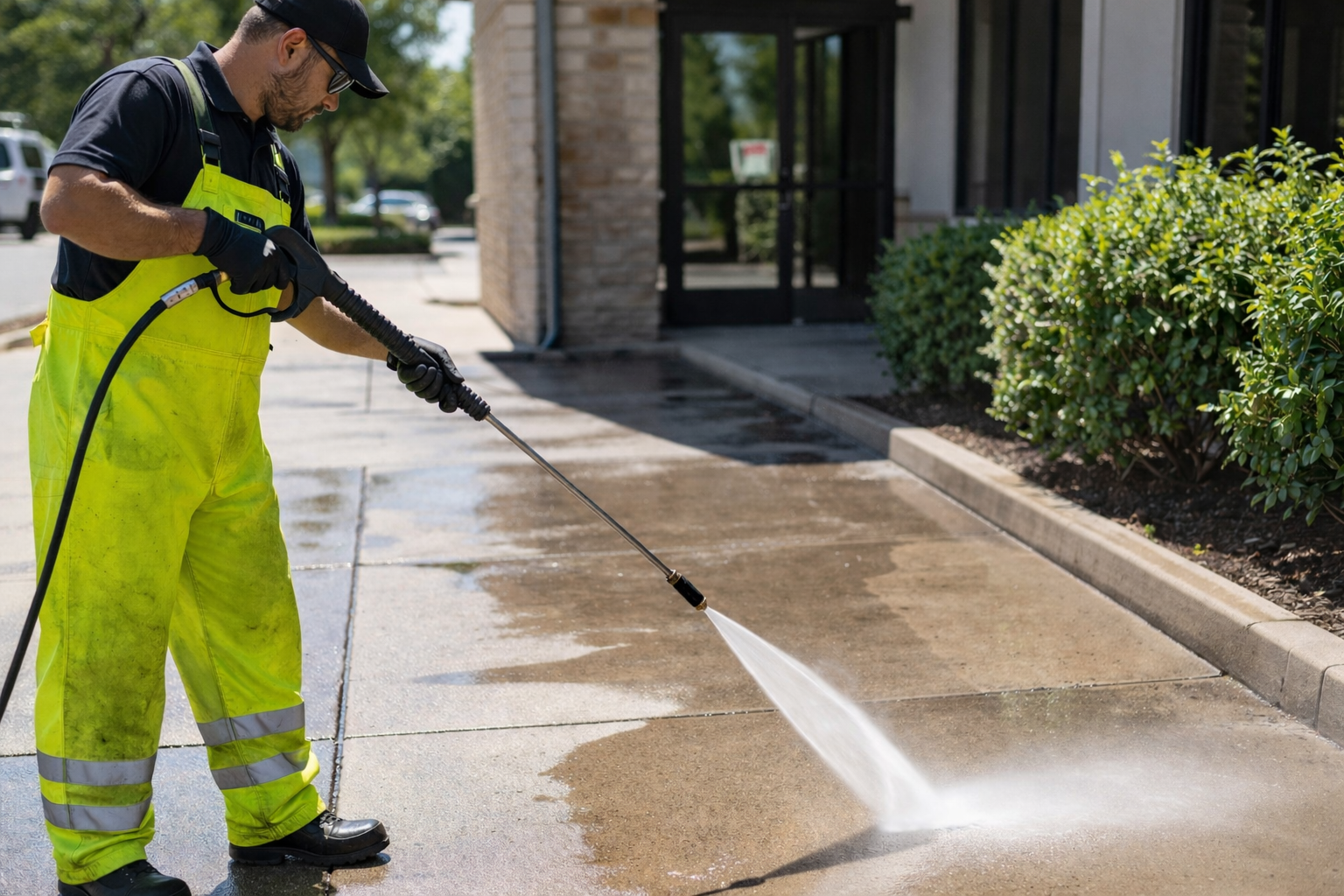 Pressure washing service cleaning sidewalk and exterior surfaces